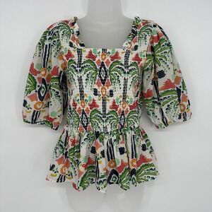 Emily McCarthy‎ Havana Jungle Ikat Smocked Puff Sleeve 100% Cotton Top Sz Small